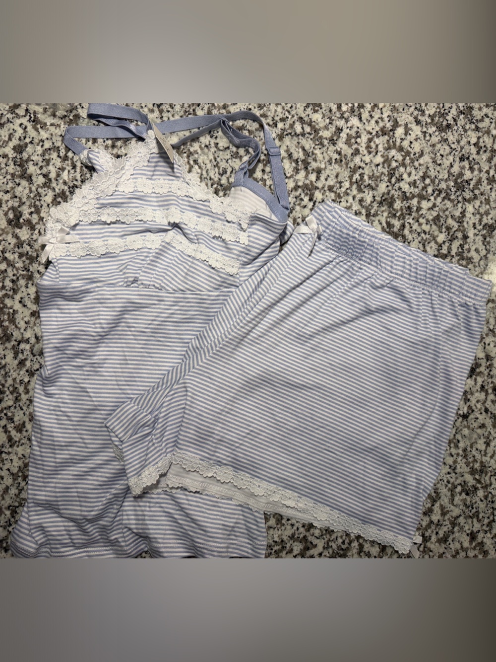 Blue Stripe women's Pajama Set with Lace Trim